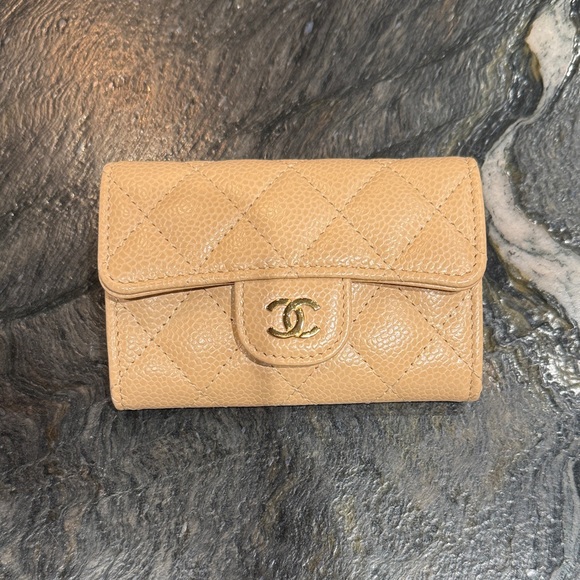 CHANEL Handbags - CHANEL Beige Quilted Wallet/ Card Holder